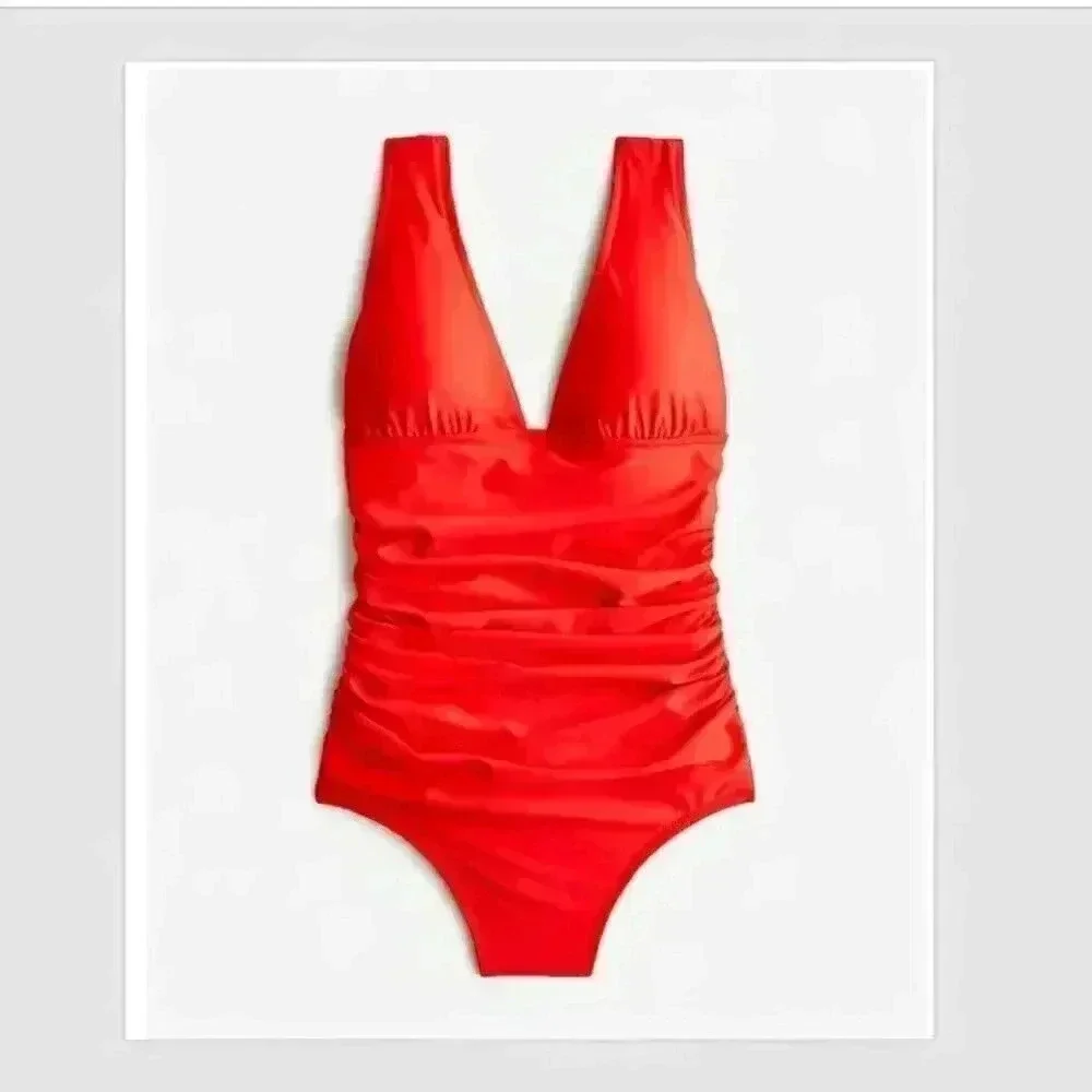 J. Crew NWT Ruched V Neck One Piece Swimsuit Size 22 Bright Red Beach